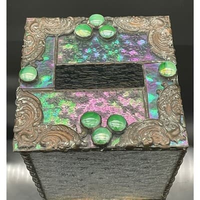 Vintage Handmade Iridescent Stained Glass Tissue Box Cover Art Glass Decor