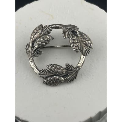 Vintage Beau Sterling Silver Pinecone Wreath Brooch Circle Pin Signed beaucraft