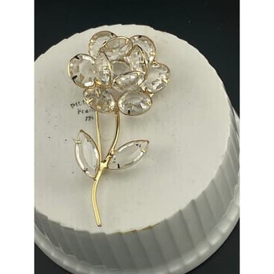 Vintage 1950s Clear Rhinestone Flower Brooch Open Back Gold Tone floral pin