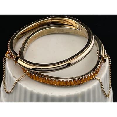Vintage Amber Rhinestone Baguette Hinged Bangle Set Pair Gold Tone Deco Style