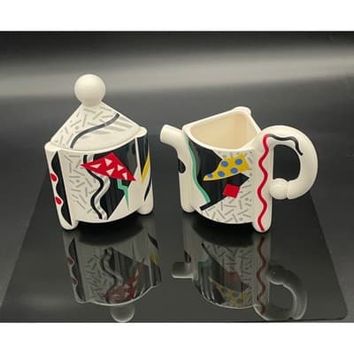 Vintage Kato Kogei Carnival Japan Postmodern Creamer Sugar Bowl Set Memphis
