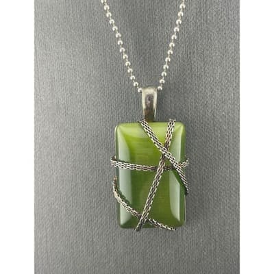 RMN Green Cat's Eye Glass Pendant Necklace Sterling Chain Chatoyant