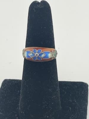 Vintage Chinese Export Silver Ring Cloissone Enamel Flower Sterling Sz 6 Red Blu