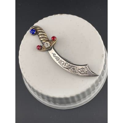 Vintage Sterling Silver Sword Brooch Curved Dagger Scimitar Rhinestone Hilt Pin