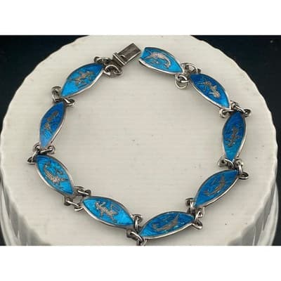 Vintage Siam Sterling Niello Enamel Bracelet Blue Panel Link Thailand teal