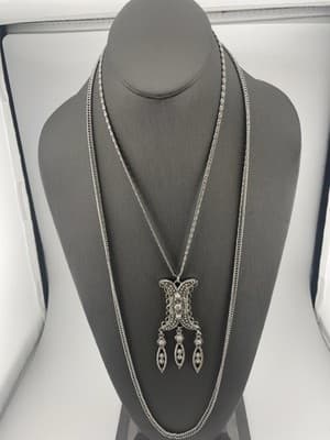 Vintage Goldette Etruscan Necklace Silver Tone Layered Pendant Multi Chain
