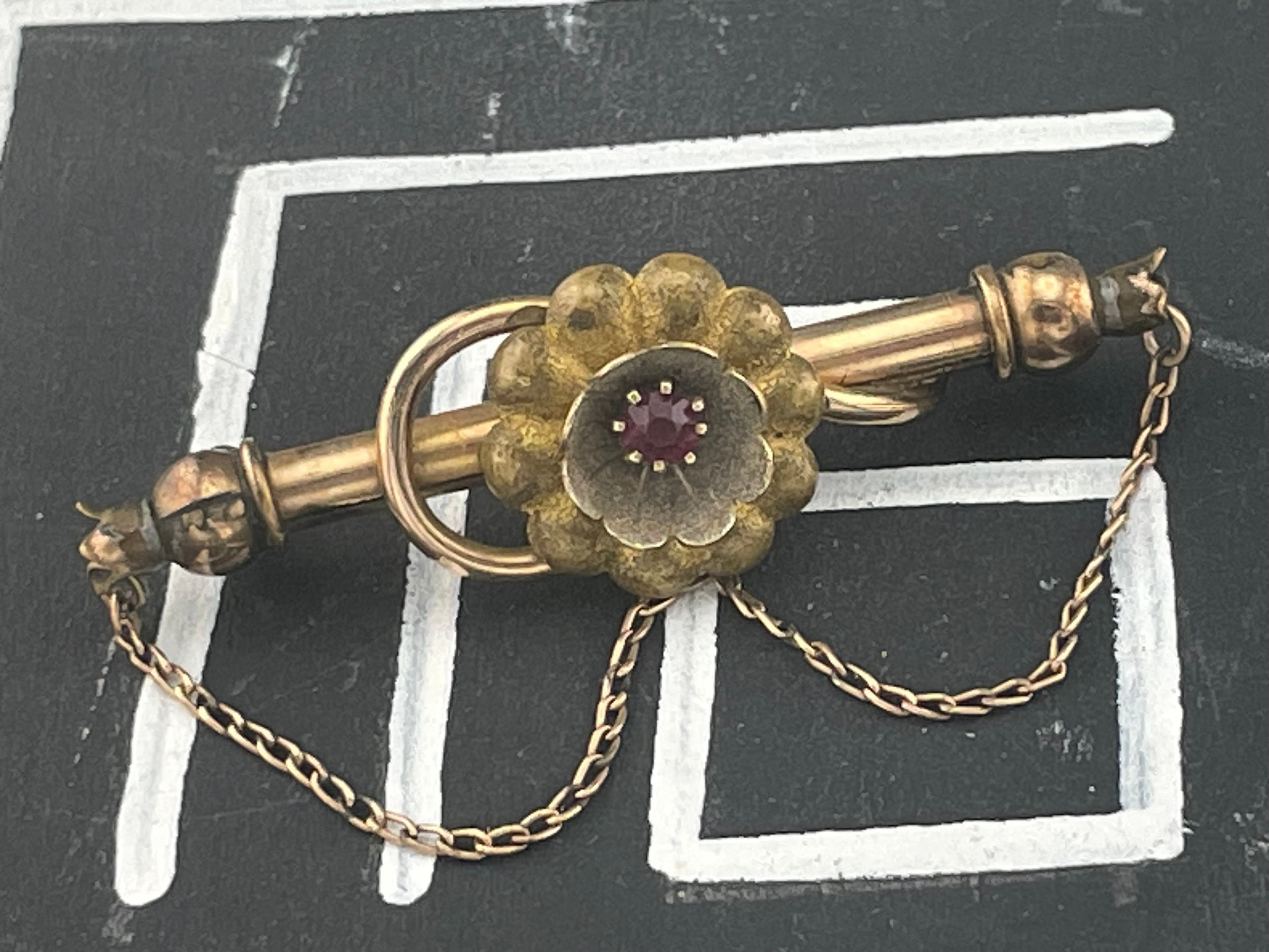 Antique Victorian Gold Filled Bar Brooch Red Paste Flower Draped Swag Chain