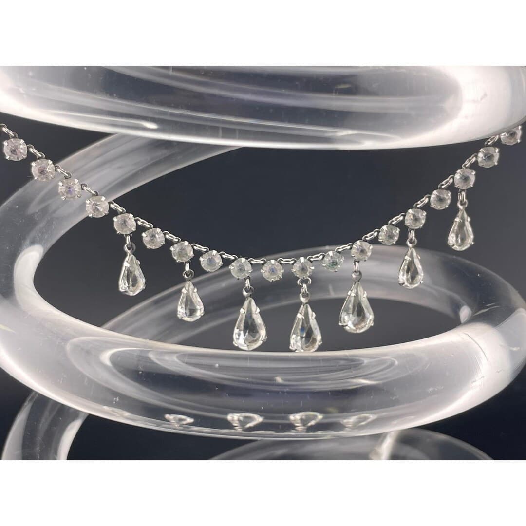 Antique Art Deco Crystal Festoon Necklace GF Open Back Teardrop Dangles Bridal