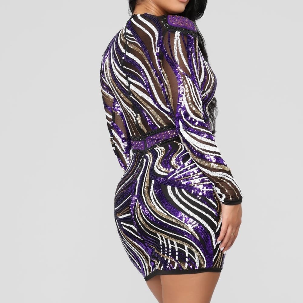 Purple black and white sequins party dress.