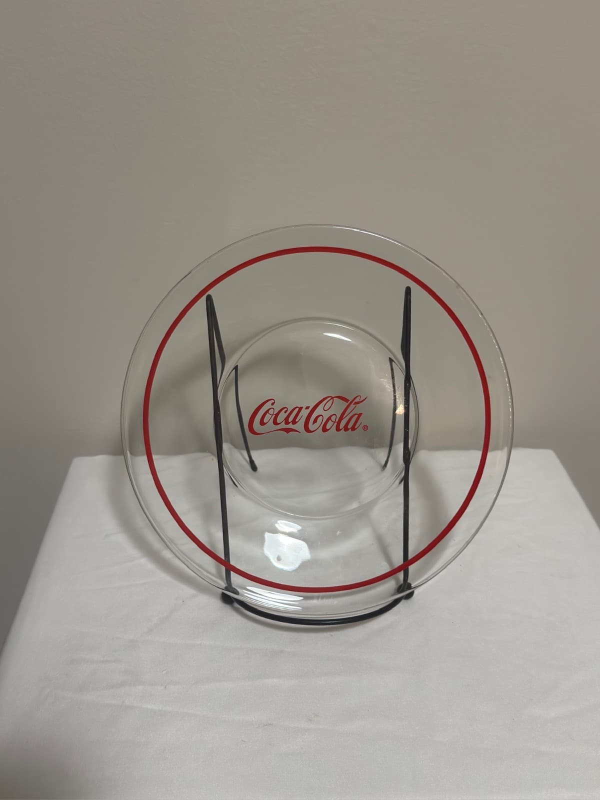 Vintage Anchor Hocking Coca-Cola 8” Clear Salad/Dessert Plate Red Stripe