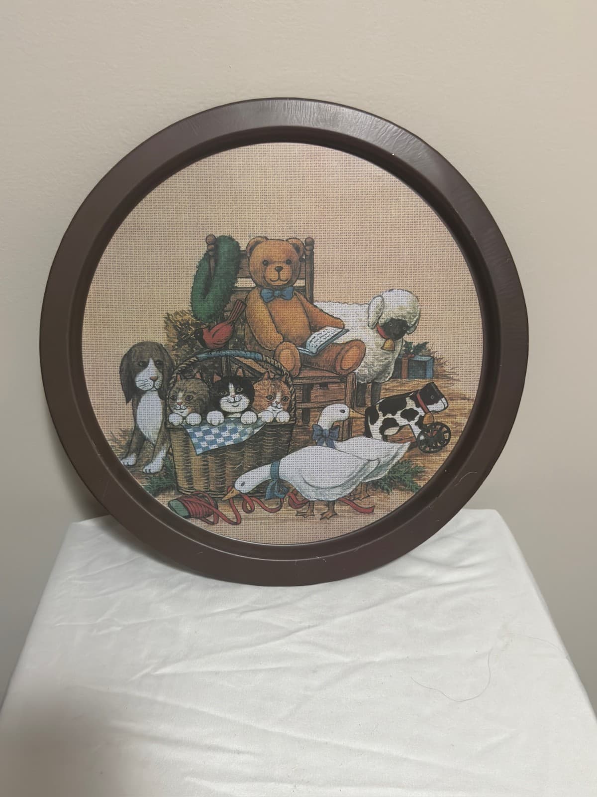 Vintage Round Metal Serving Tray Featuring Farm Animals and Teddy Bear