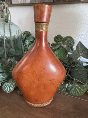 Vintage Italian Leather Wrapped Decanter Bottle With Stopper Made In Italy