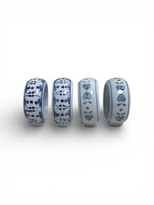 2 Blue & White Chinoiserie & 2 Blue Heart Napkin Rings Country Farmhouse