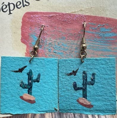 Handmade Southwestern Style Earrings Featuring A Cactus & Bird NOS