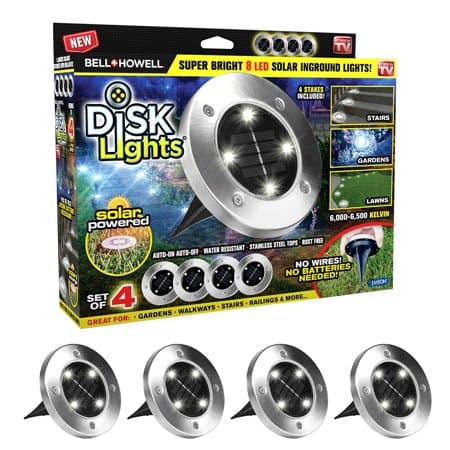 Bell + Howell Solar-Powered Disk Lights - Outdoor Path Lights with 8 LED Bulbs Brushed Steel - 4PK