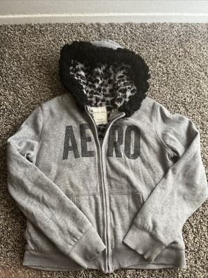 Vintage Aeropostale Fur Lined Full Zip Hoodie Womens Xl Aero Bling Logo Y2K