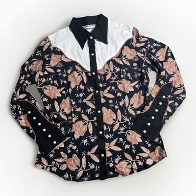 Wrangler X Lainey Wilson Shirt Women's L Black Floral Pearl Snap Western DAMAGED