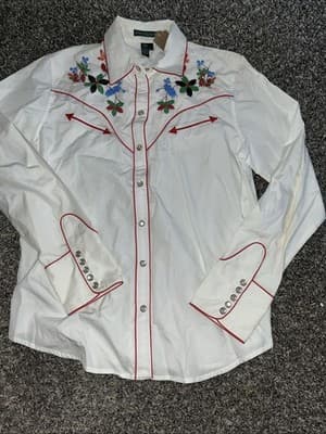 Women’s Lauren Jeans Ralph Lauren Pearl Snap Beaded Western Shirt Size L