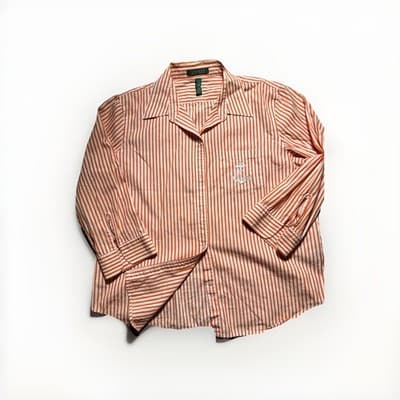 RALPH LAUREN 3/4 Sleeve Orange & White Striped Shirt Embroidered XL Anchor Logo