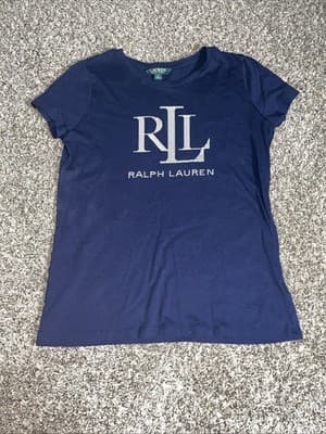 Lauren Ralph Lauren T Shirt Women M Navy Studded Logo Cap Sleeve Top Diamonds