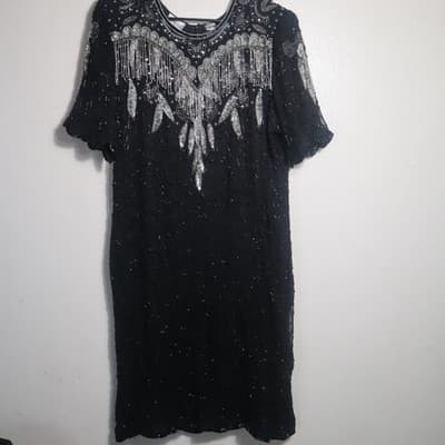 Denise Elle Dress Womens Large Beaded Sequin Short Sleeve Shoulder Pads