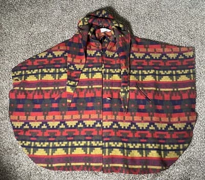 Vintage 80s Dani Colby Colorful Hooded Batwing Cape Poncho Aztec Southwestern
