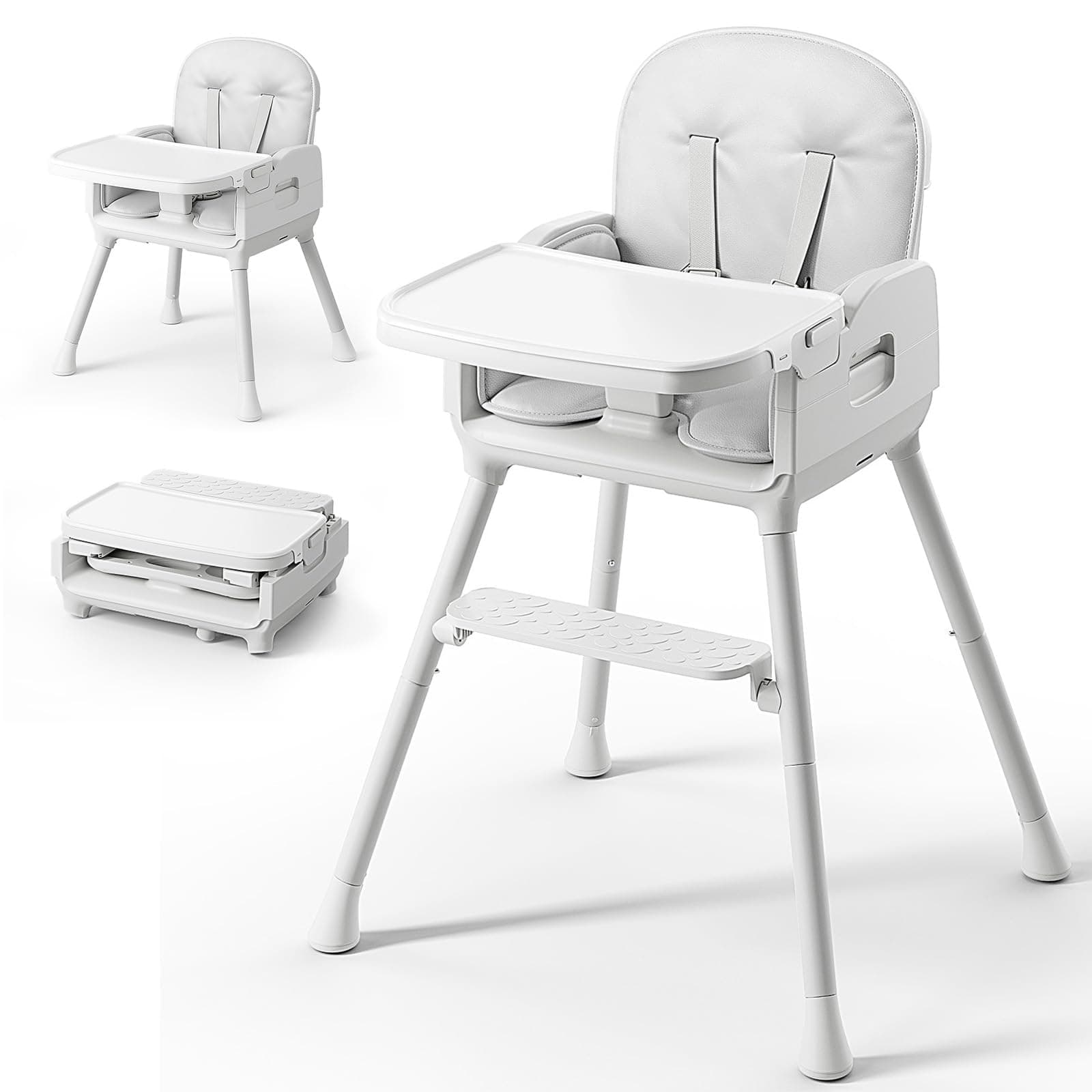Obee Odee 3-in-1 Portable Baby Highchair for Babies and Toddlers, Convertible, Foldable, Adjustable, & Dishwasher Safe, Grey