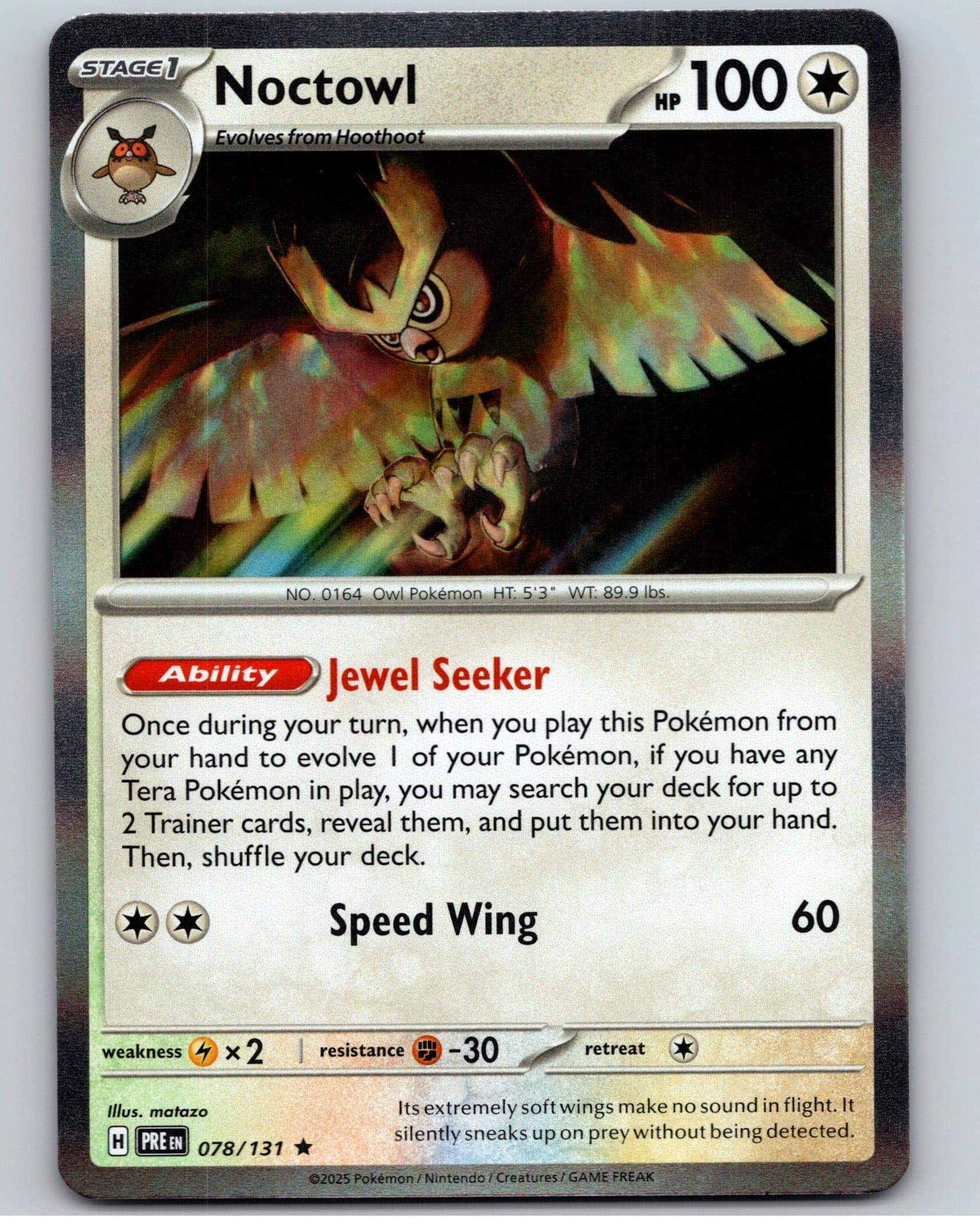 Noctowl - PRE SV: Prismatic Evolutions #078/131 Rare Reverse Holo NM