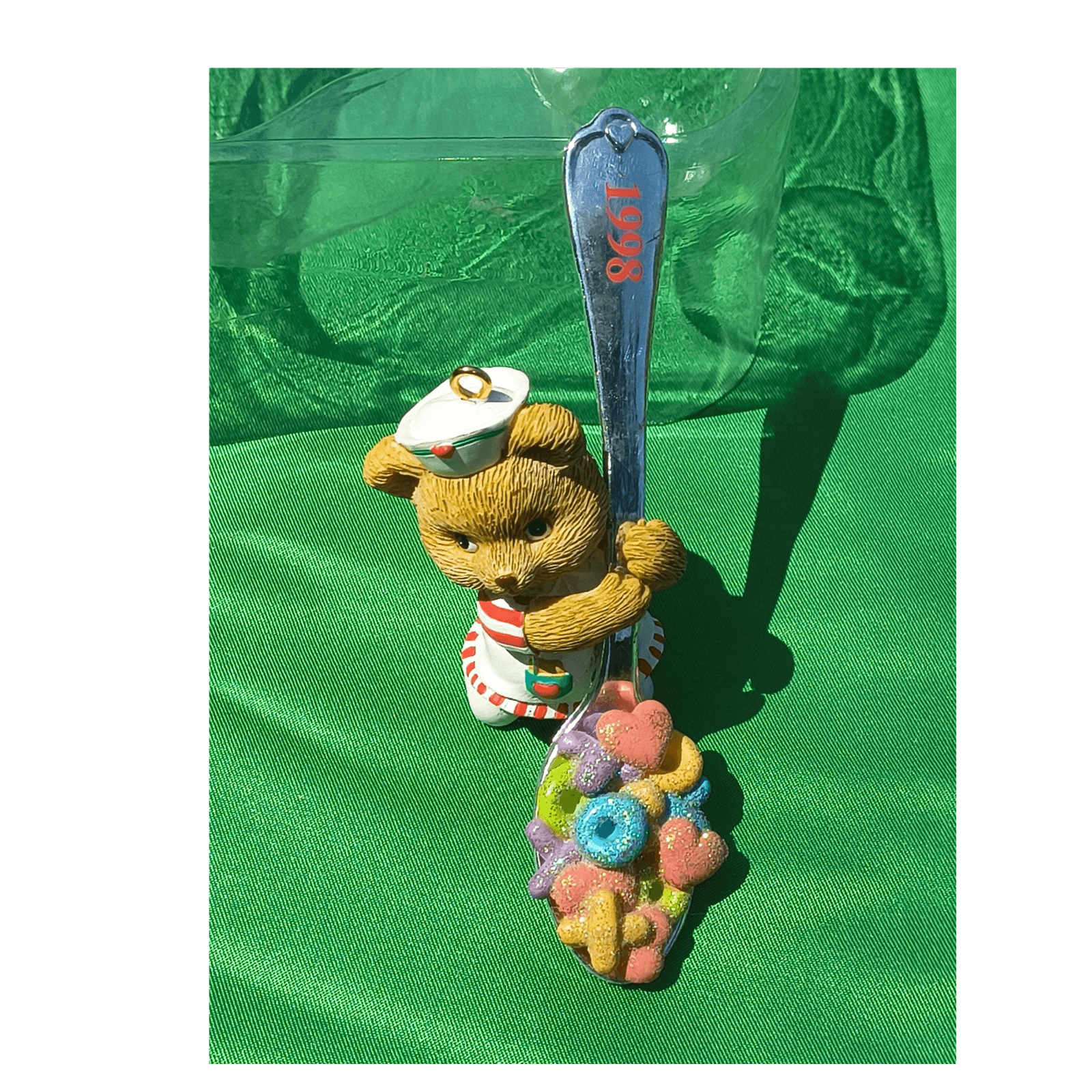 OAK LLC Bear Figurine with Spoon and Colorful Cereal Resin Metal Small Animal