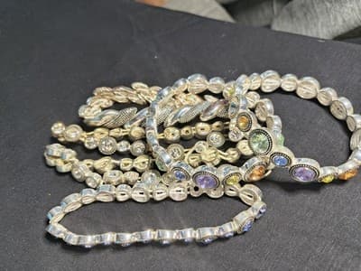 Multicolor Beaded Charm Bracelet with Round Stones and Silver-Tone Accents