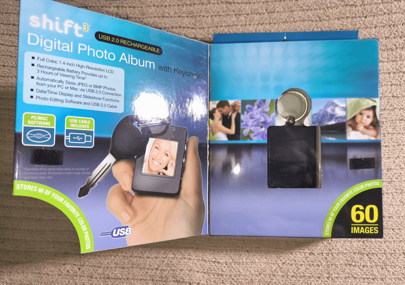shift3 Digital Photo Album Keychain 1.4in LCD USB 2.0 8MB Black Rechargeable