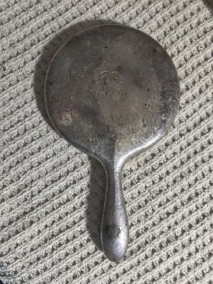 Antique Ornate Metal Hand Mirror Silver Tone Engraved Monogram Glass