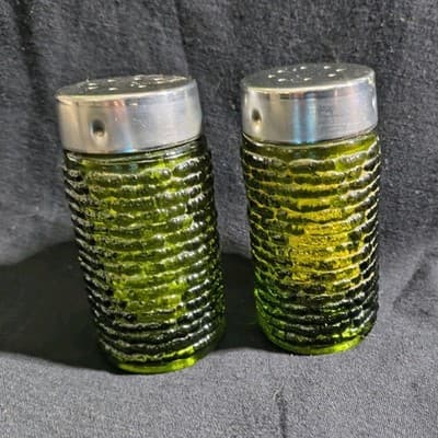 Green Glass Metal Salt & Pepper Shakers Round Decorative Glossy Set of 2