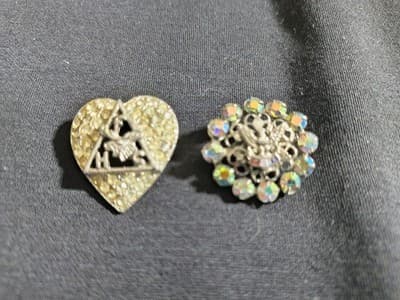 Vintage Rhinestone Heart & Round Brooch Pin Set Silver Clear Multicolor