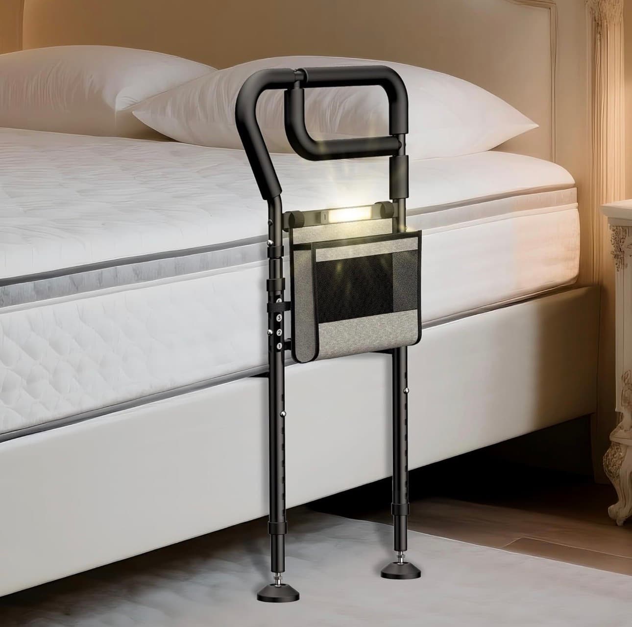 C3 Pro Bed Rails for Elderly Adults Safety, Adjustable Heights with Non-Slip Ergonomic Handle, Stable Bed Assist Rails with Motion Light, Avoid Seniors Bedside Fall