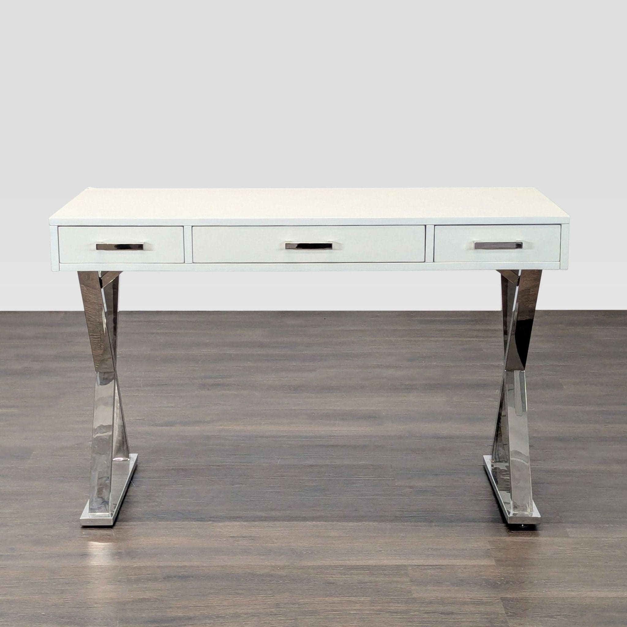 Pottery Barn Ava Modern White Desk with Chrome Legs and Three Drawers