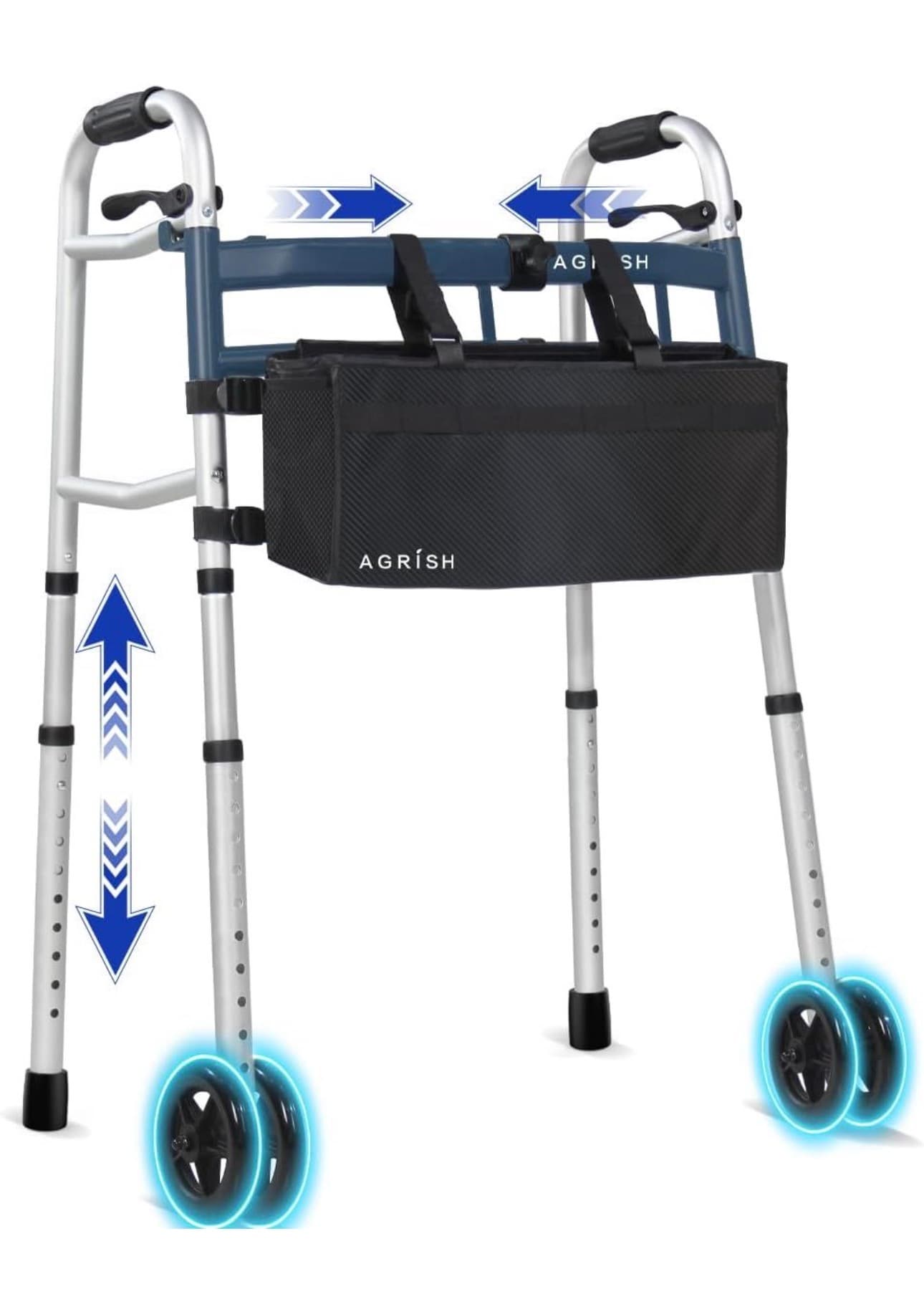 Dual Wheel Bariatric Walker for Seniors Width & Height Adjustable Narrow Standard Walker, Lightweight Heavy Duty Folding Walker for Elderly & Disabled
