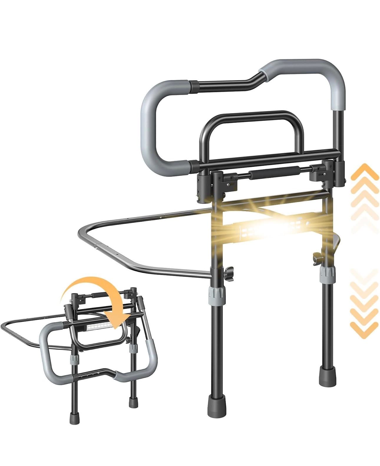 Bed Rails for Elderly Adults Safety, Foldable Bed Assist Rails for Seniors with Sensor Light & Storage Pocket, Adjustable Height, 180° One-Hand Folding Bed Side Rails Fit King Queen Full Twin