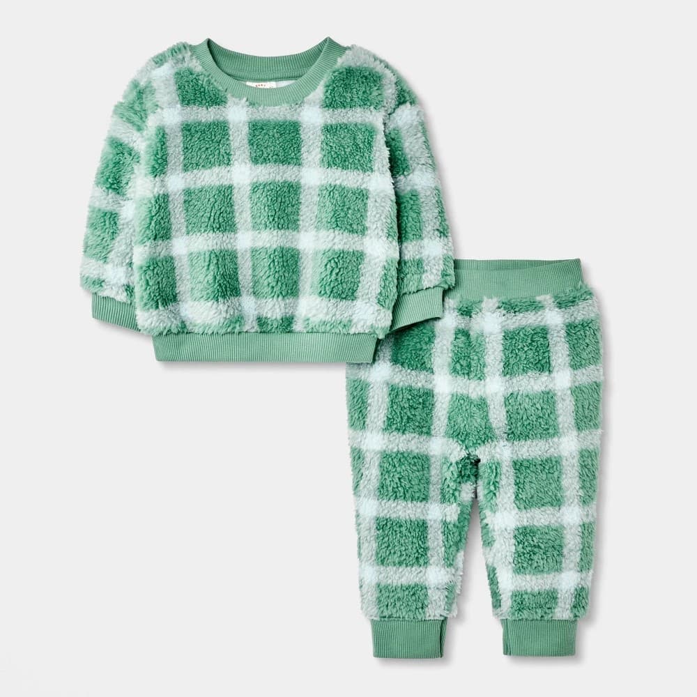 Baby Boys' 2pc Plaid Faux Shearling Sweatshirt and Jogger Pants Set - Cat & Jack™ Green 3-6M