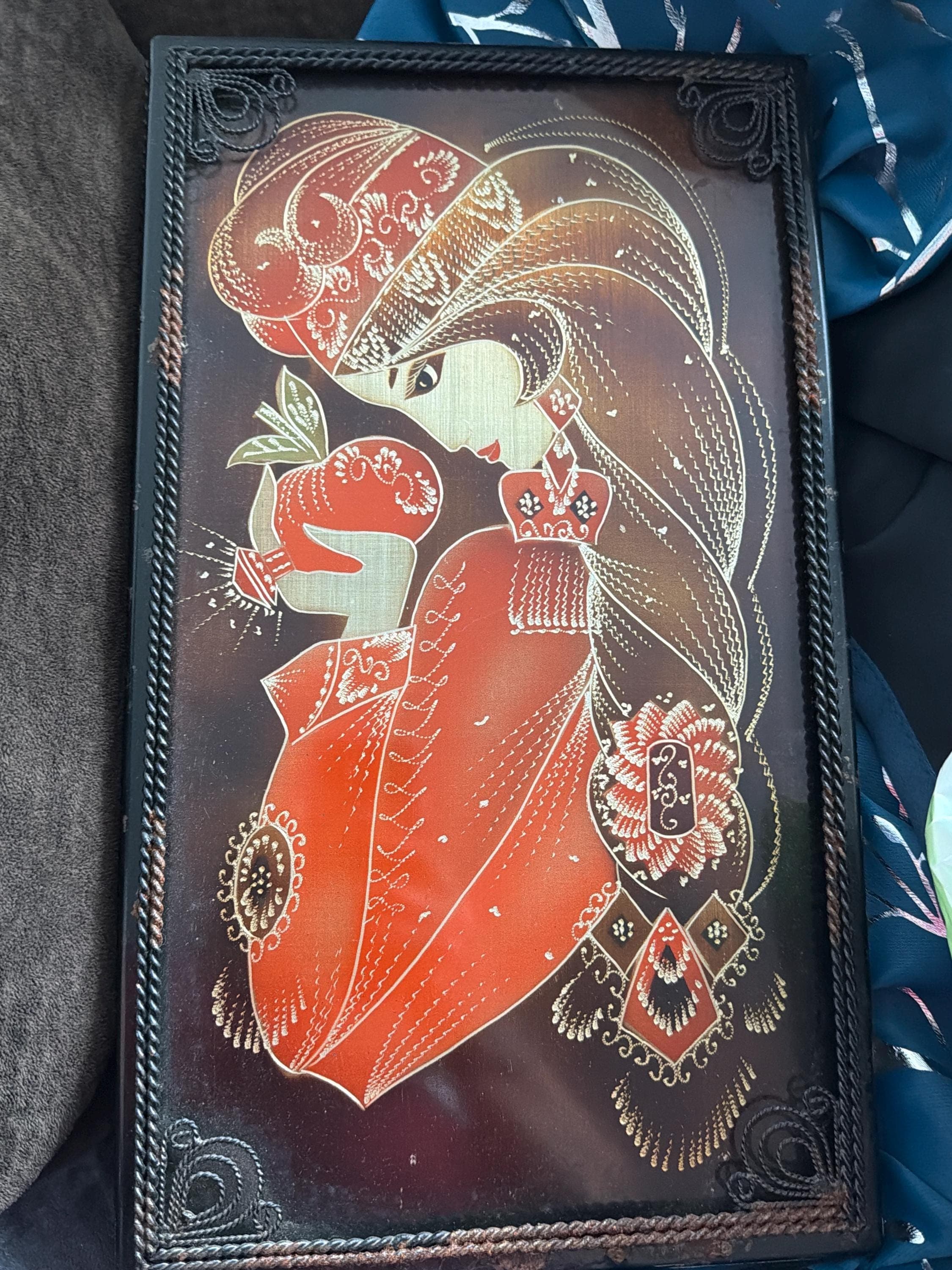 Vintage Engraved Metal Wall Art Plaque Folk Art Woman with Fruit Mid Century Boho Decor
