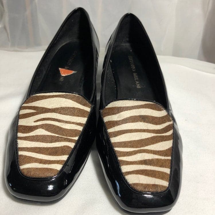 Zebra print patent leather loafers