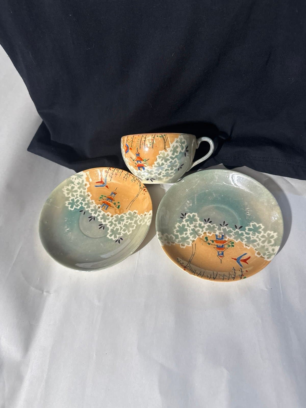 vintage Gold Castle Chikusa Orange Luster Ware teacup and 2 saucers