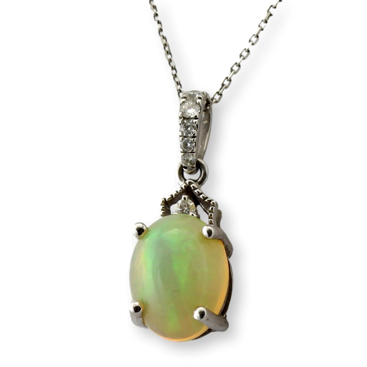 10K Gold Natural Opal & Diamond Pendant & Adjustable 16"-18"Length Chain - 16"-18"