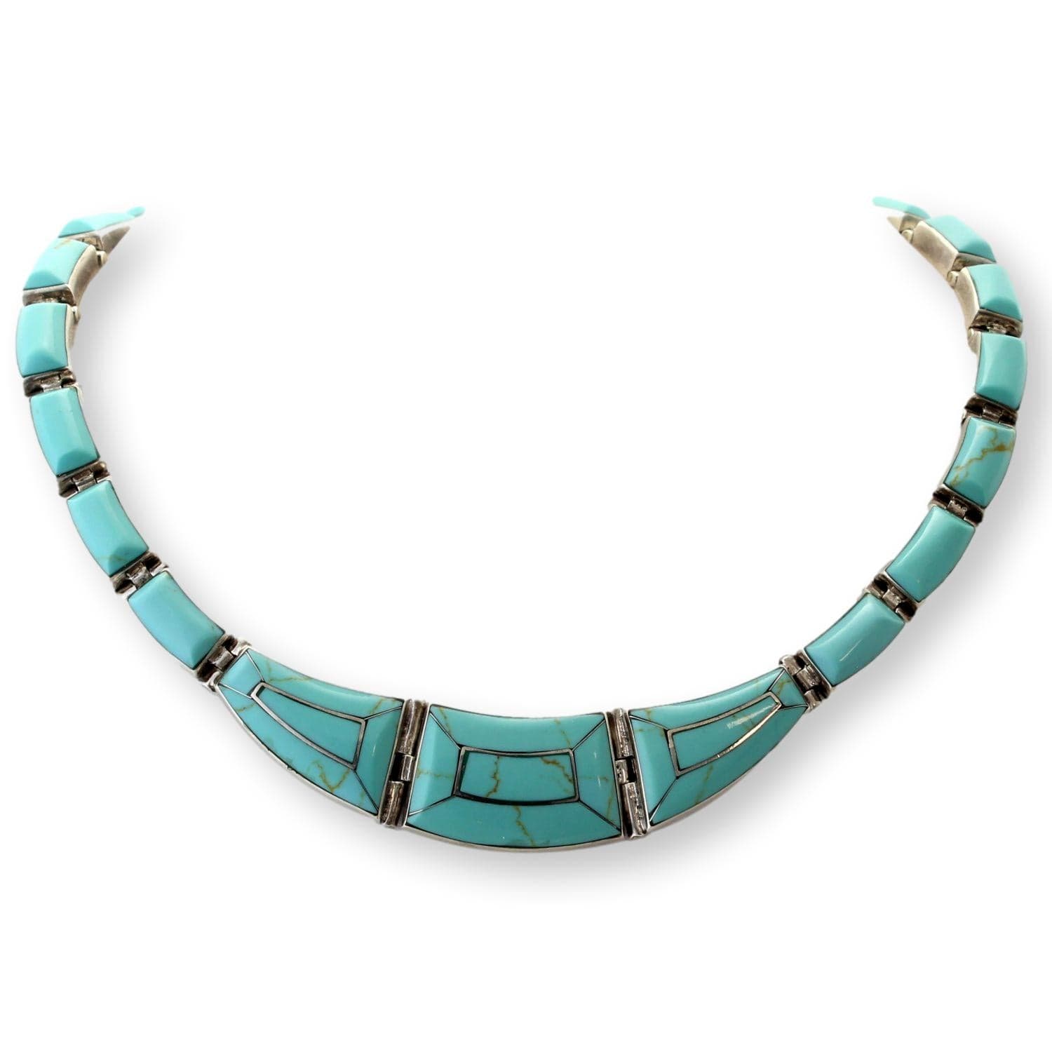 Vintage Mexican 950 Silver Robin's Egg Blue Turquoise Inlay Necklace - 15.5"