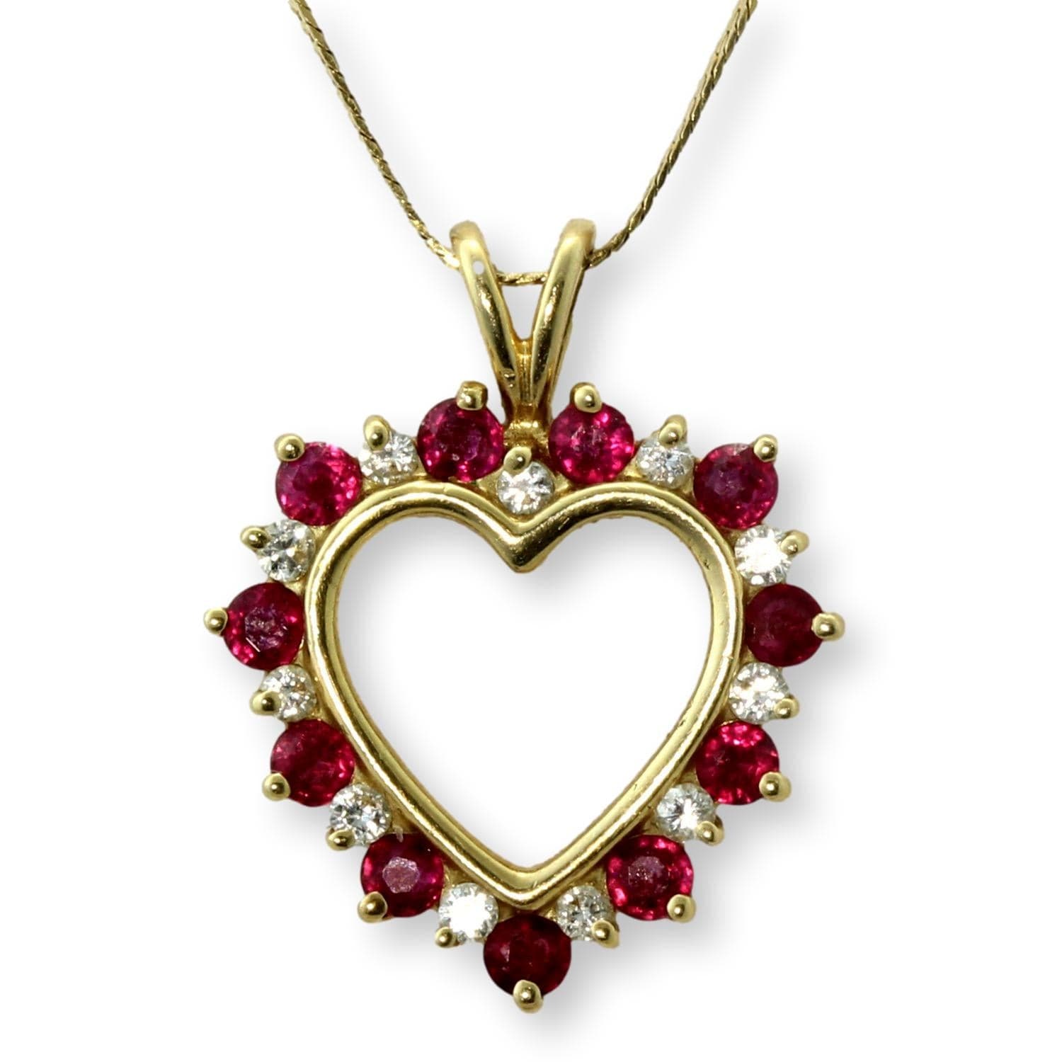 14K Gold Natural Ruby & Diamond Heart Pendant Necklace - 18 in