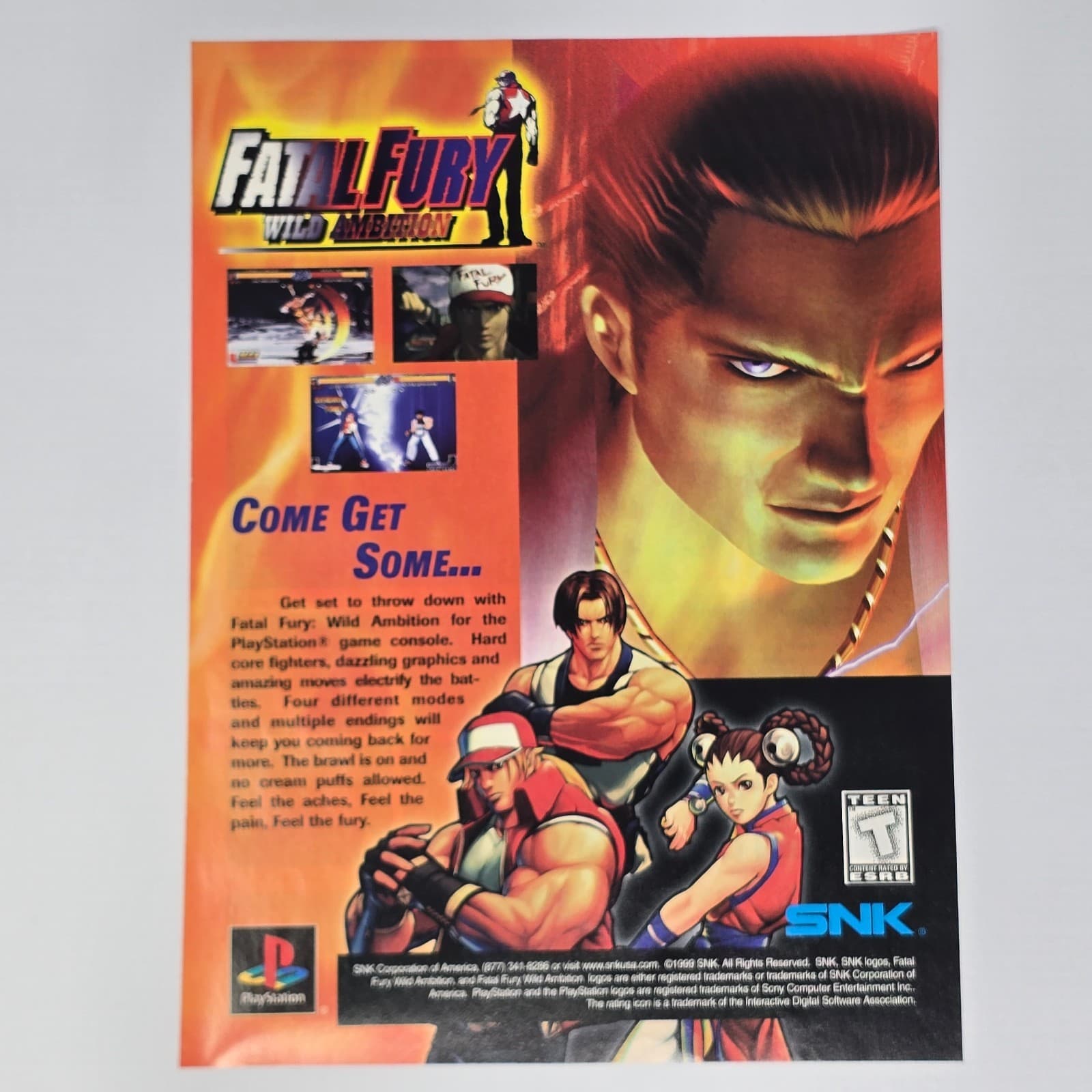 Fatal Fury Wild Ambition PlayStation PS1 Come Get Some Print Ad/Poster