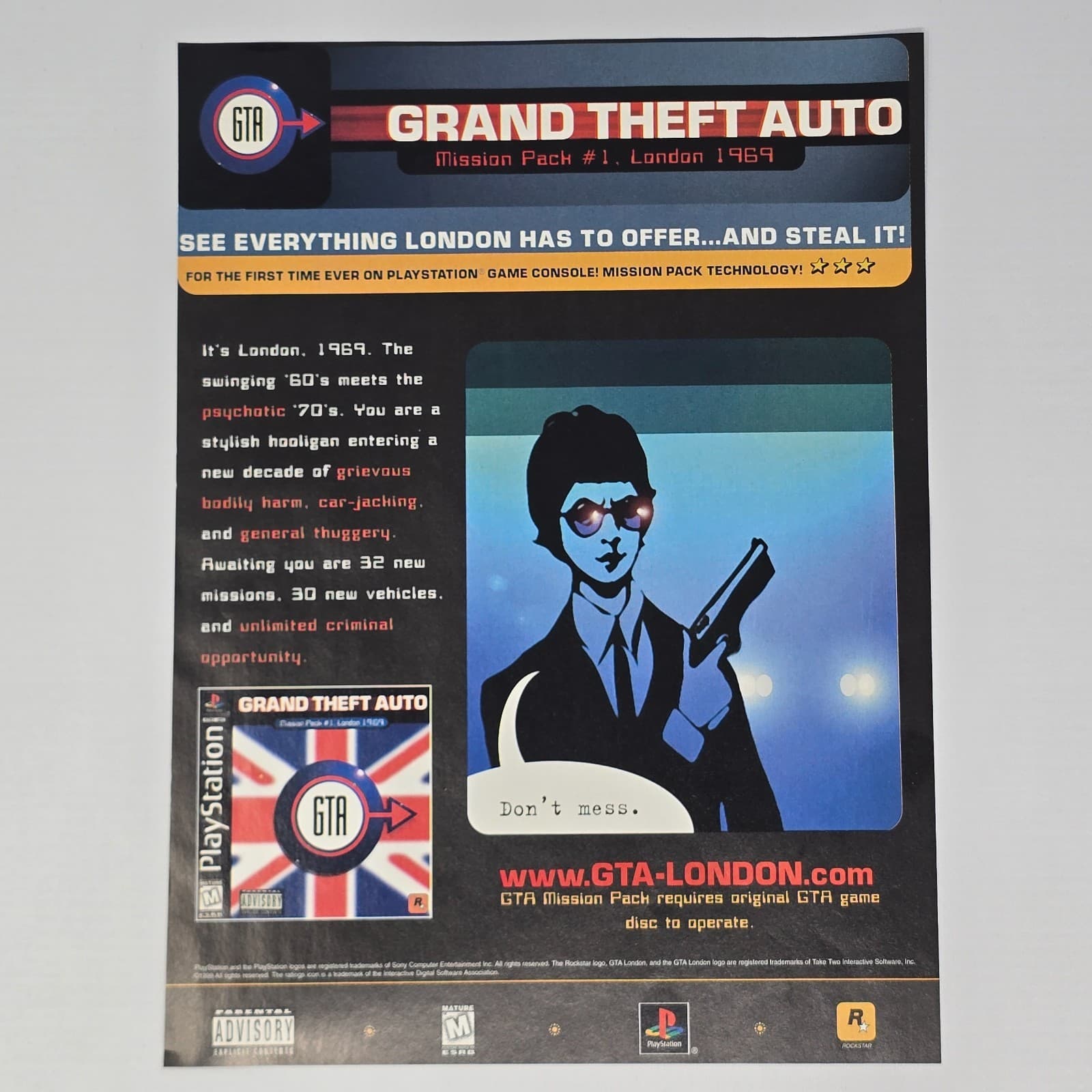 Grand Theft Auto London 1969 PlayStation PS1 Steal It Print Ad/Poster