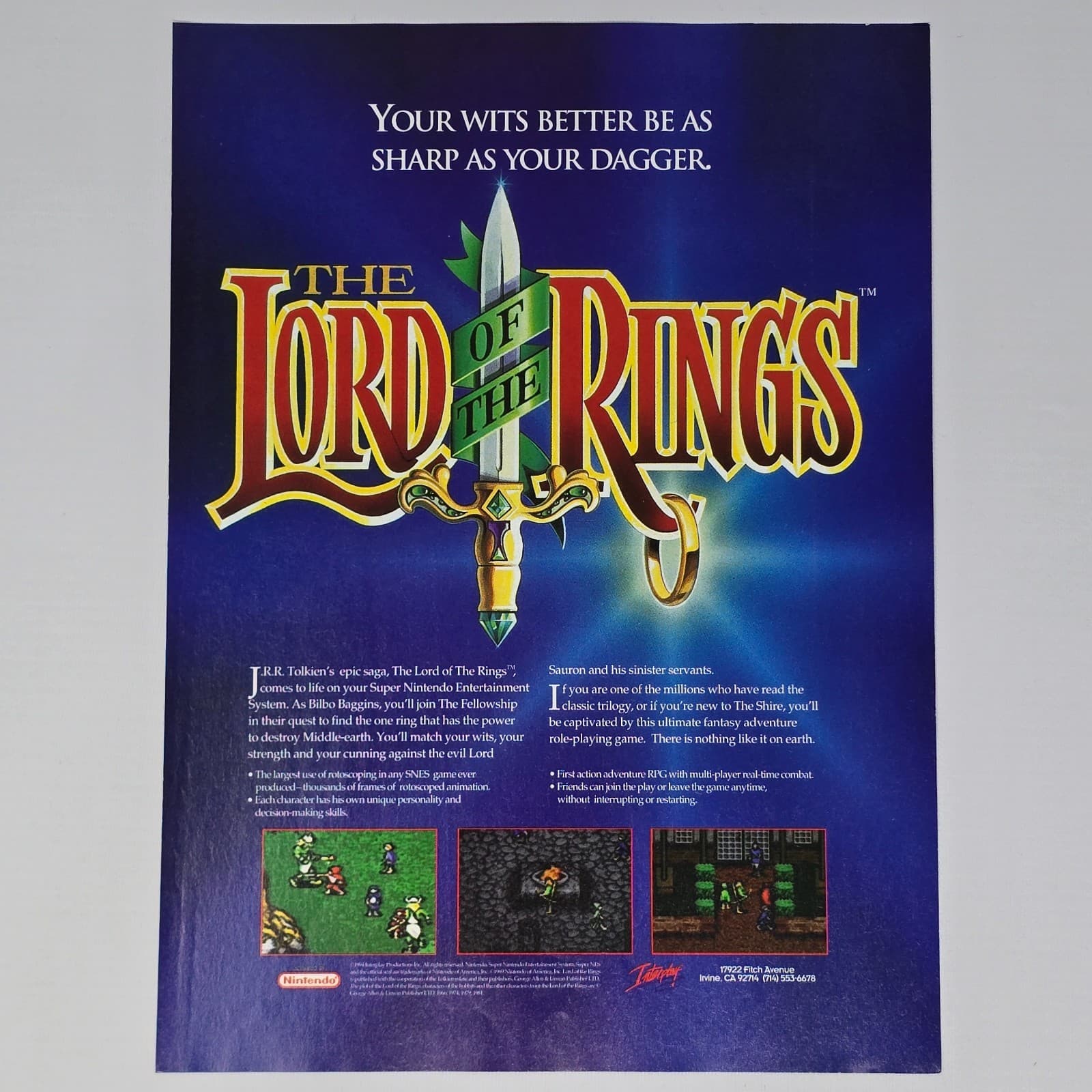 Lord Of The Rings Volume 1 Super Nintendo SNES Dagger Print Ad/Poster