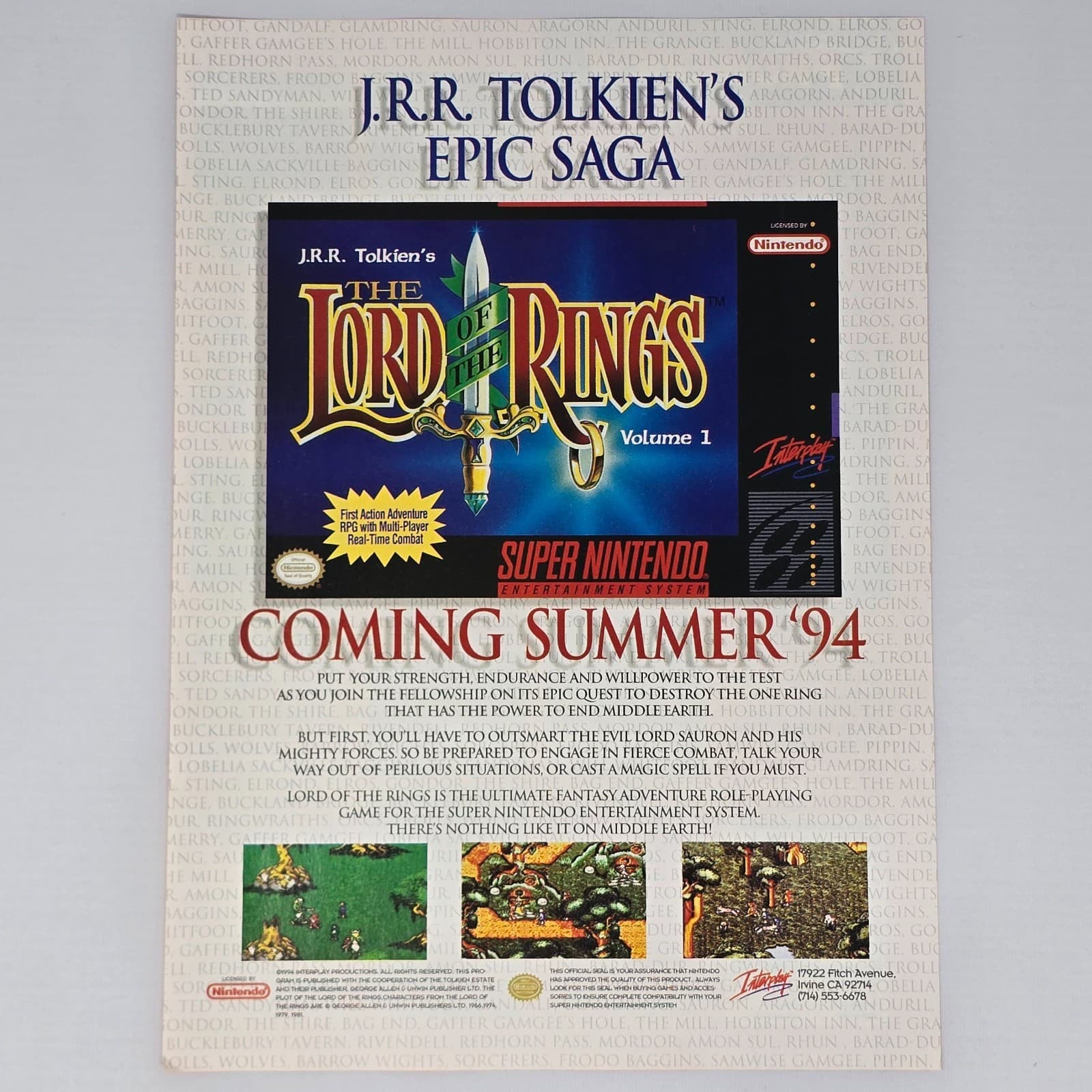 Lord Of The Rings Volume 1 Super Nintendo SNES Summer 94 Print Ad/Poster