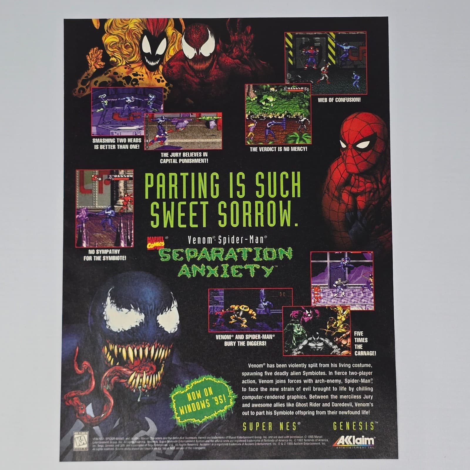Marvel Comics Venom Spider Man SNES Sega Genesis Sweet Sorrow Print Ad/Poster